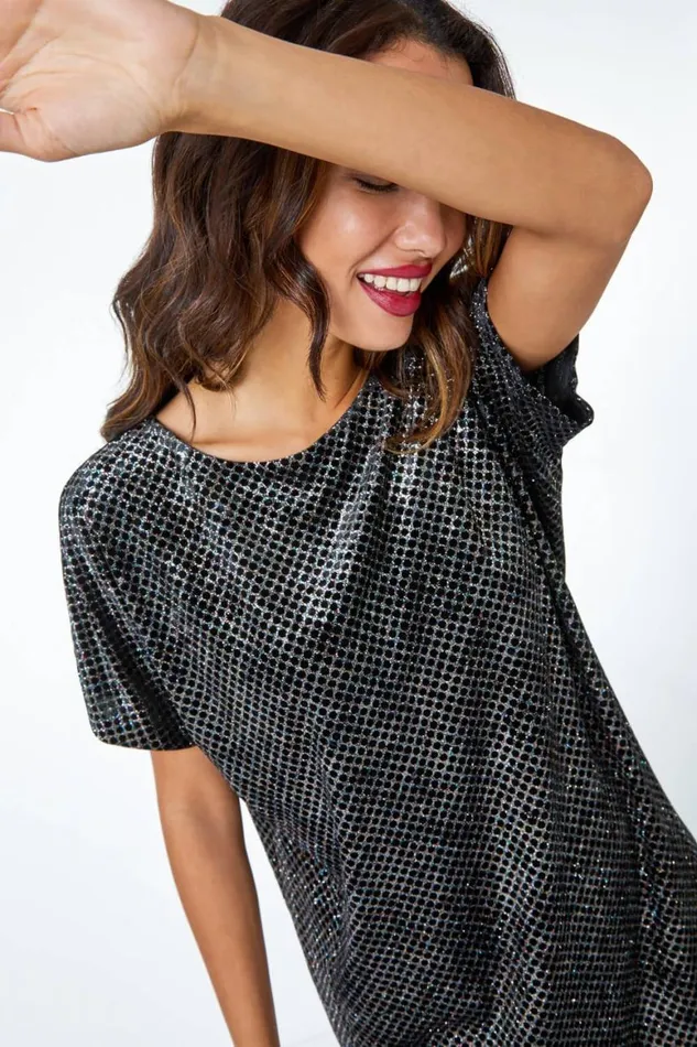 Women Black Glitter Spot Stretch Shift Dress Roman Dresses