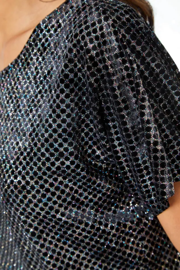 Women Black Glitter Spot Stretch Shift Dress Roman Dresses