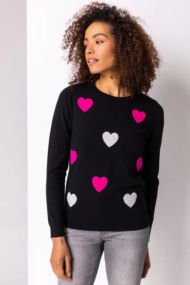 Women Black Heart Print Crew Neck Jumper Roman Knitwear