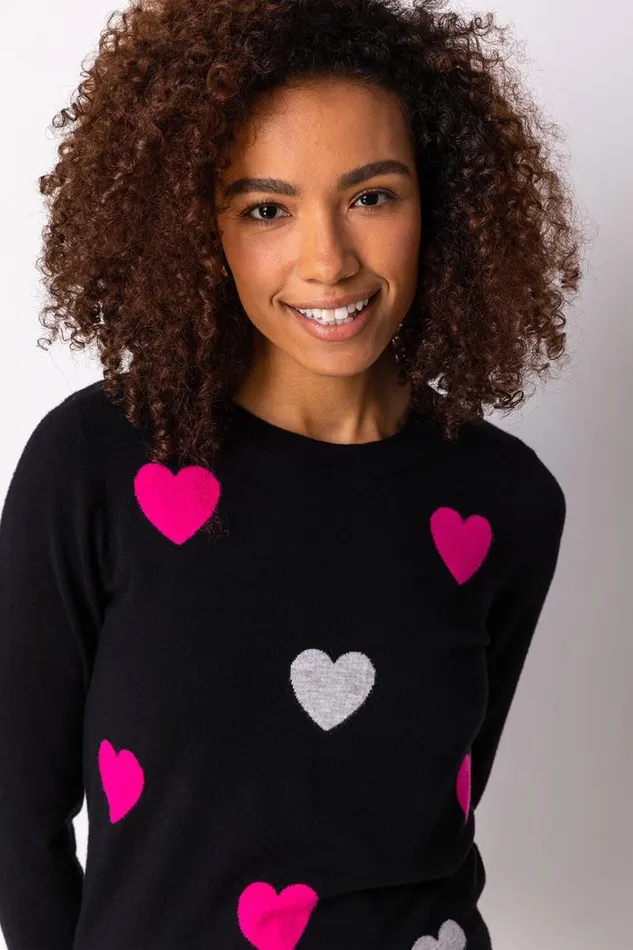 Women Black Heart Print Crew Neck Jumper Roman Knitwear