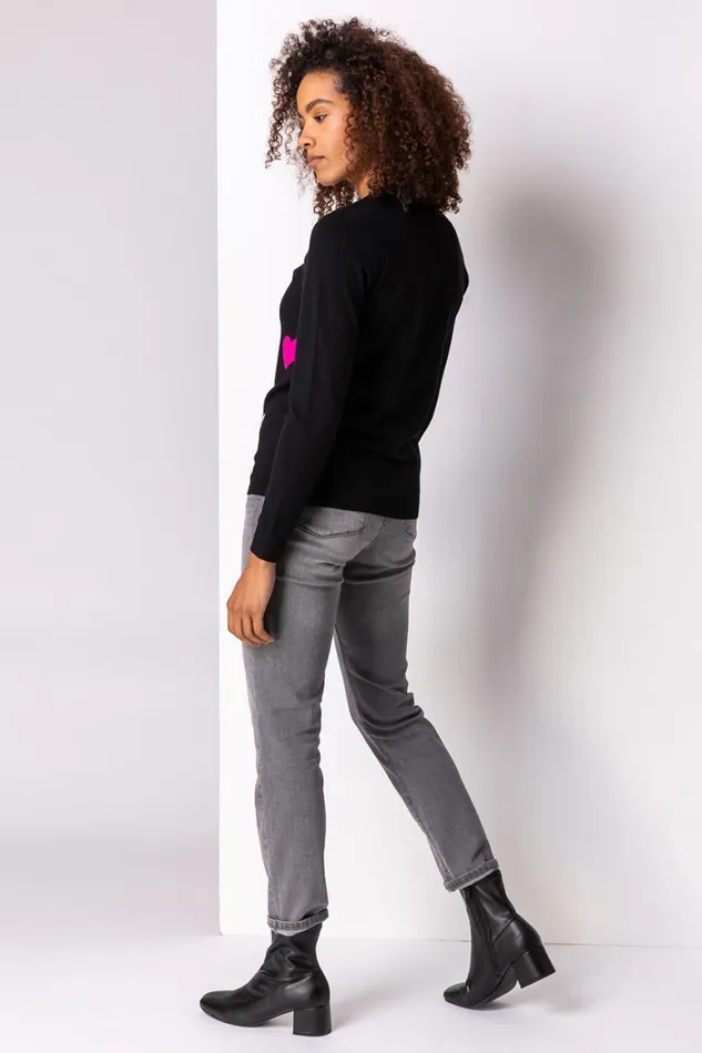 Women Black Heart Print Crew Neck Jumper Roman Knitwear