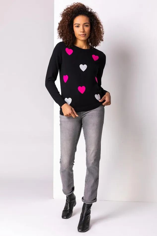 Women Black Heart Print Crew Neck Jumper Roman Knitwear