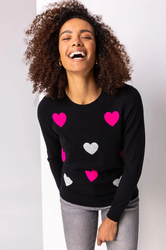 Women Black Heart Print Crew Neck Jumper Roman Knitwear