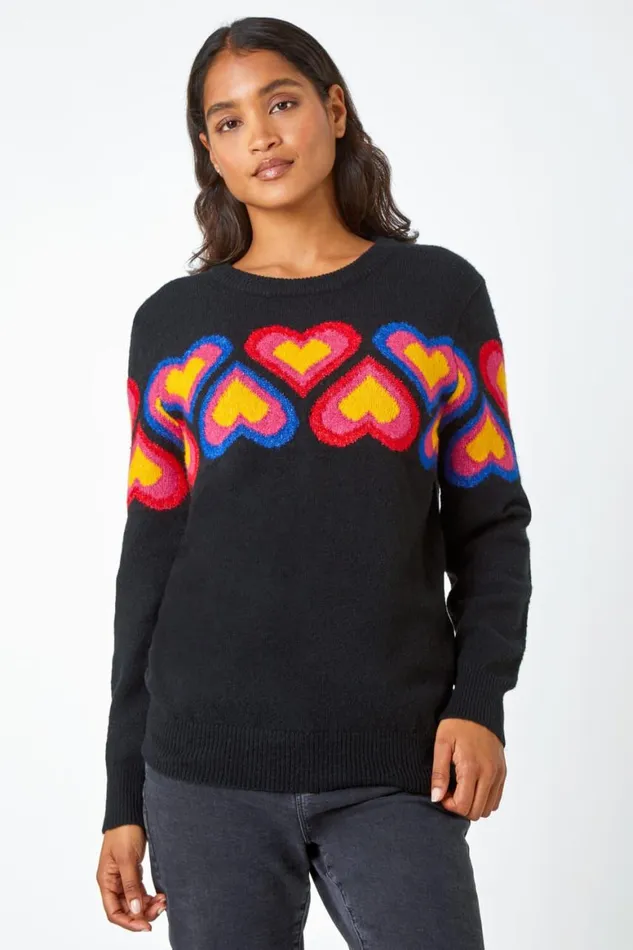Women Black Heart Print Stretch Jumper Roman Knitwear