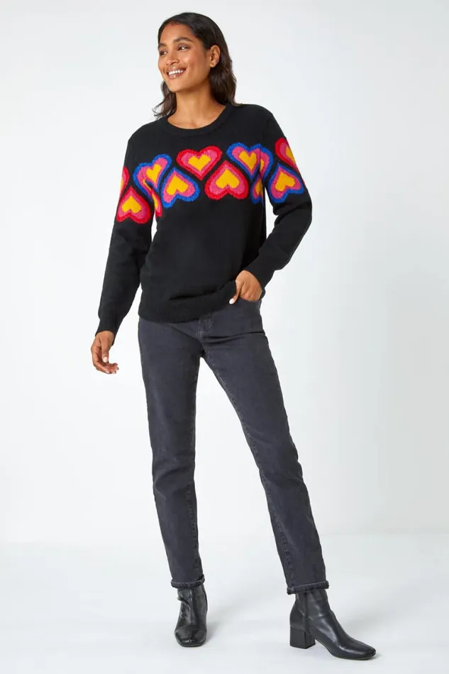 Women Black Heart Print Stretch Jumper Roman Knitwear