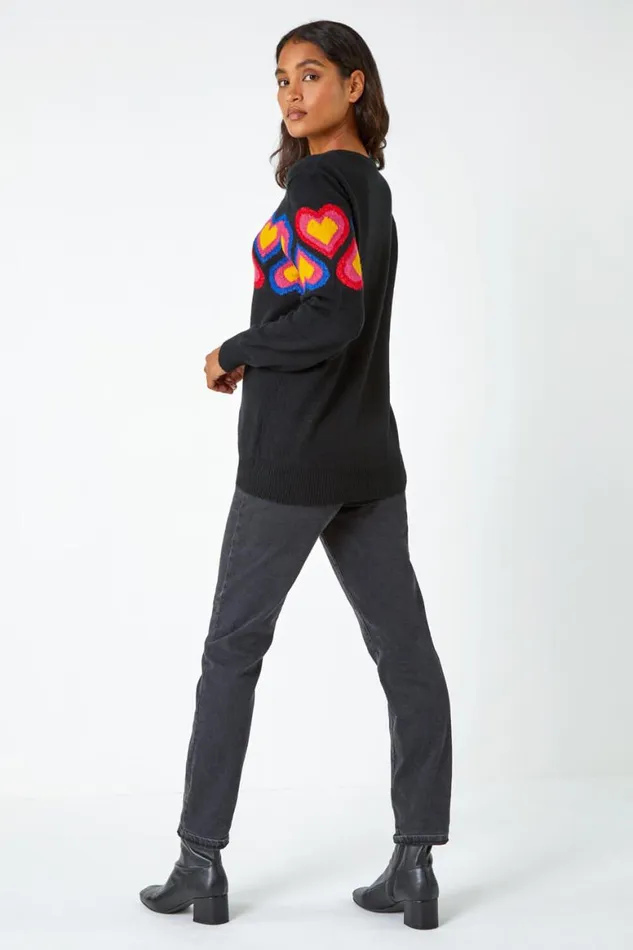 Women Black Heart Print Stretch Jumper Roman Knitwear