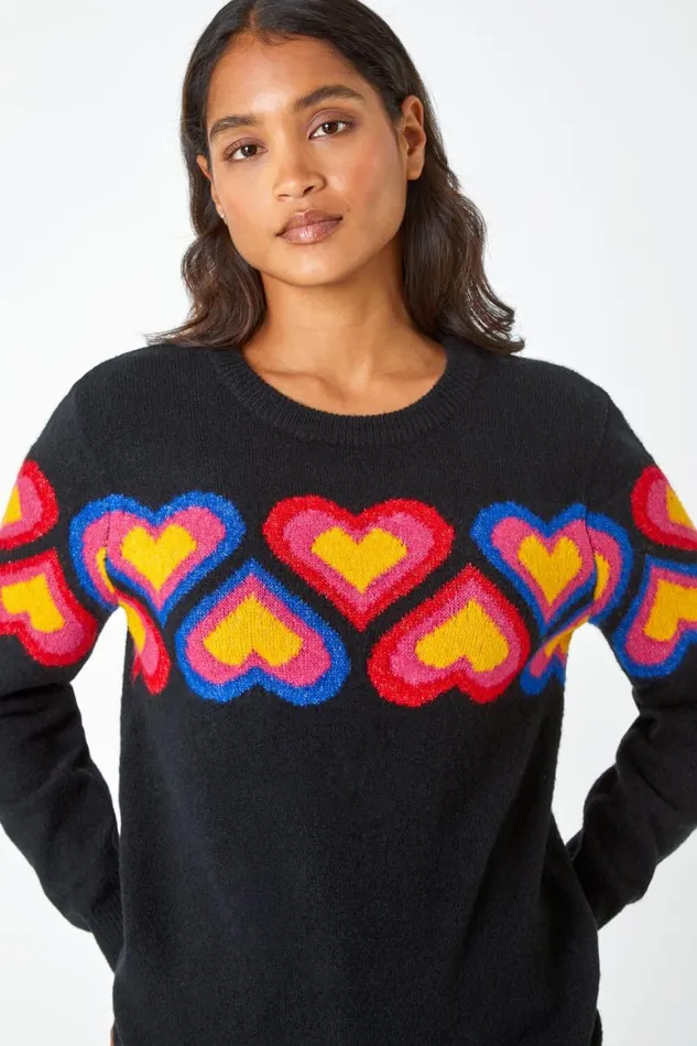 Women Black Heart Print Stretch Jumper Roman Knitwear