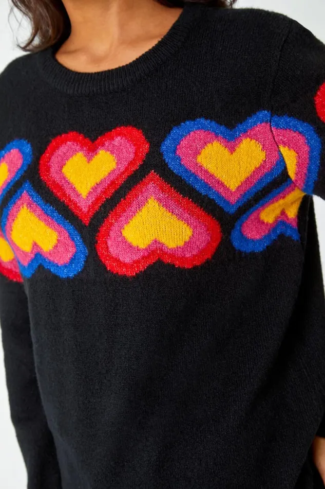 Women Black Heart Print Stretch Jumper Roman Knitwear