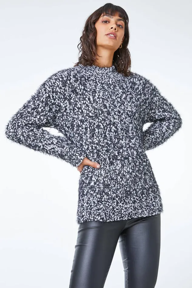 Women Black High Neck Fluffy Jumper Roman Knitwear