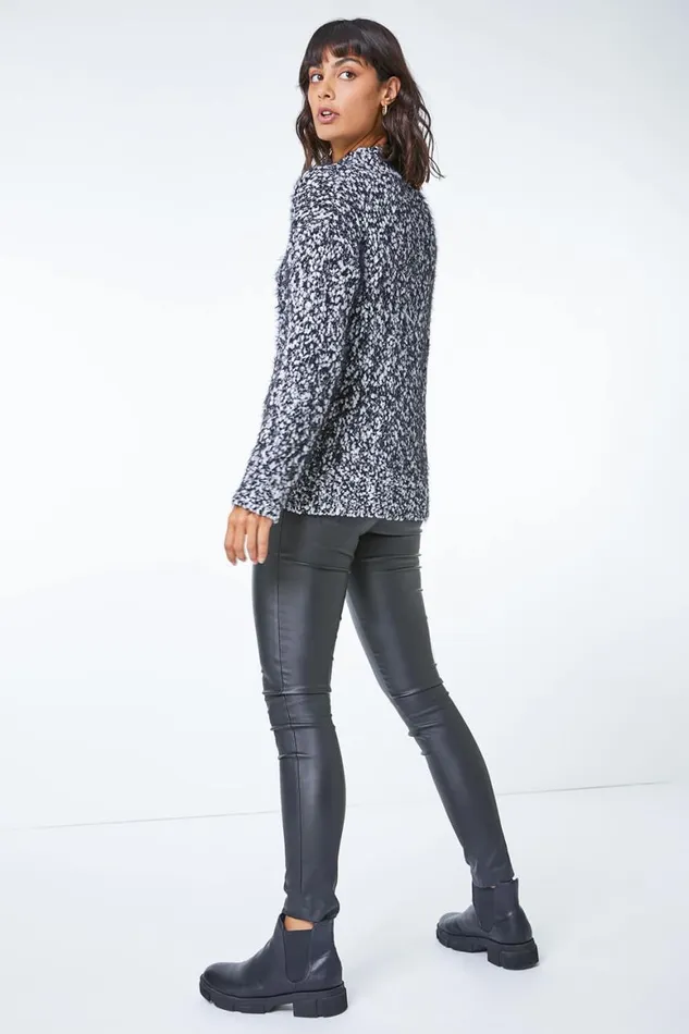 Women Black High Neck Fluffy Jumper Roman Knitwear