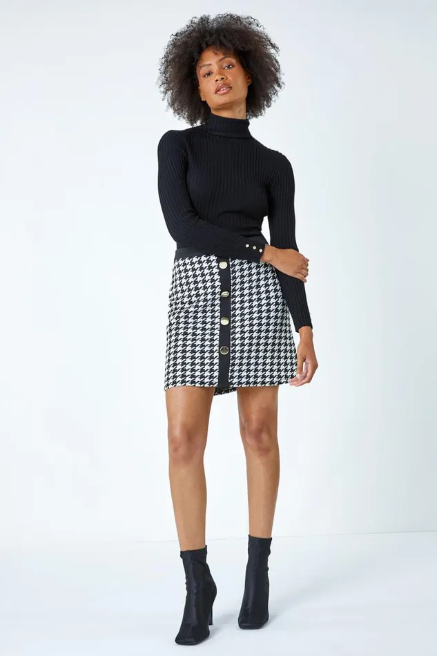 Women Black Houndstooth Button Detail Stretch Skirt Roman Skirts