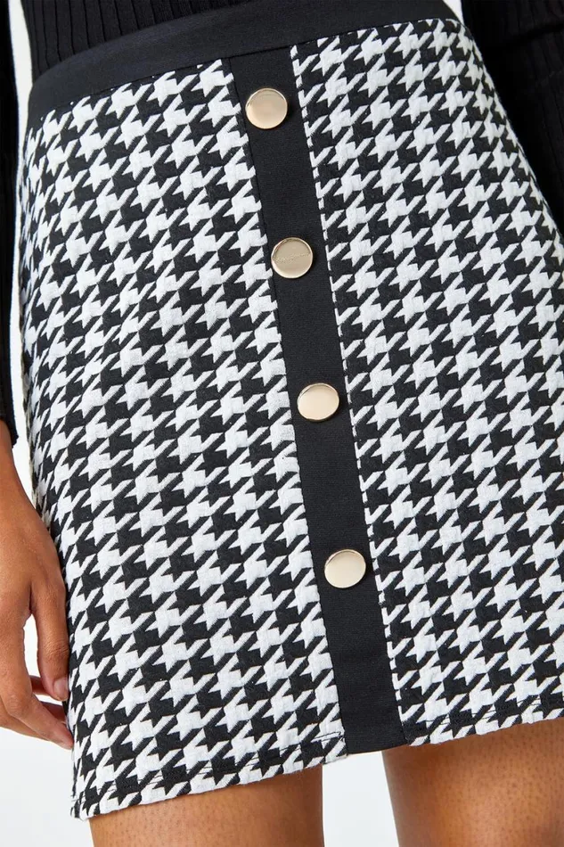 Women Black Houndstooth Button Detail Stretch Skirt Roman Skirts
