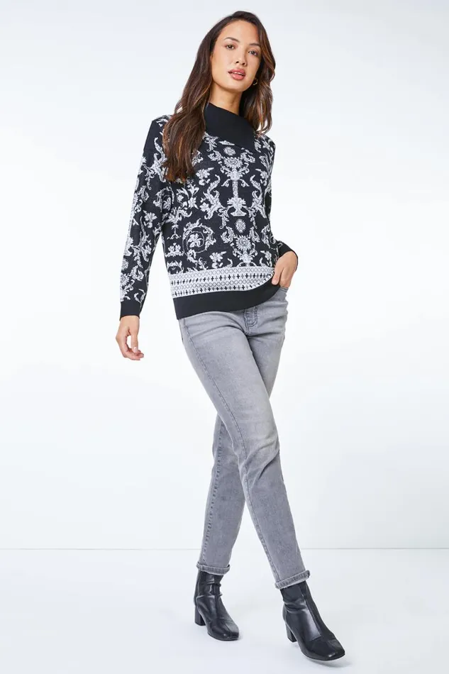 Women Black Jacquard Print Split Neck Jumper Roman Knitwear