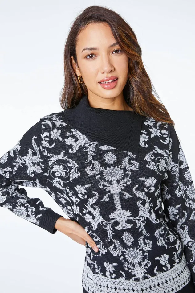 Women Black Jacquard Print Split Neck Jumper Roman Knitwear