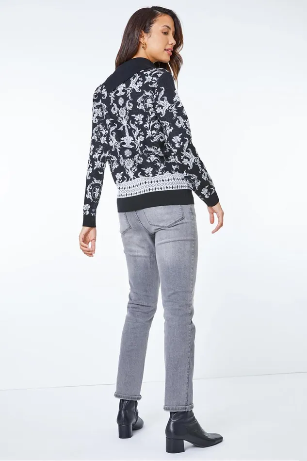 Women Black Jacquard Print Split Neck Jumper Roman Knitwear
