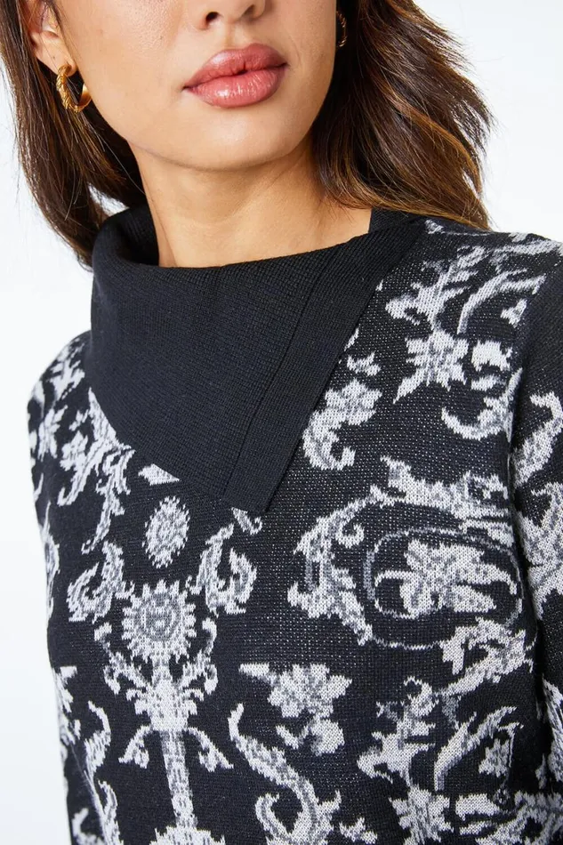 Women Black Jacquard Print Split Neck Jumper Roman Knitwear