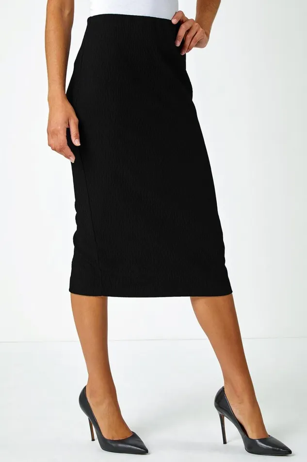 Women Black Jersey Textured Elastic Waist Pencil Skirt Roman Skirts
