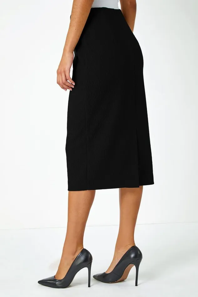 Women Black Jersey Textured Elastic Waist Pencil Skirt Roman Skirts