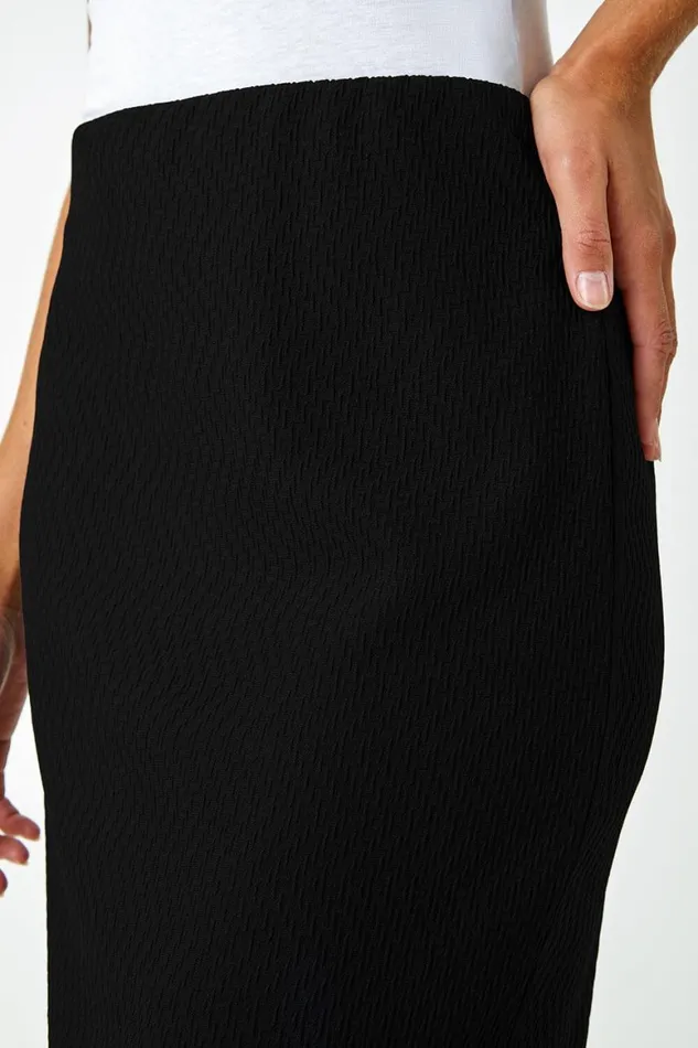 Women Black Jersey Textured Elastic Waist Pencil Skirt Roman Skirts