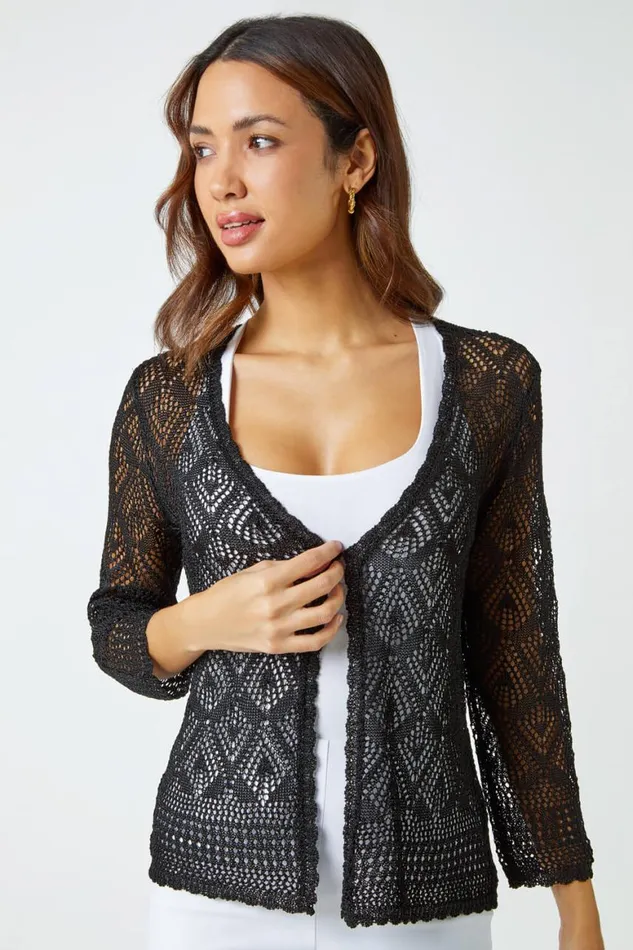 Women Black Knitted Crochet Shimmer Shrug Roman Occasionwear