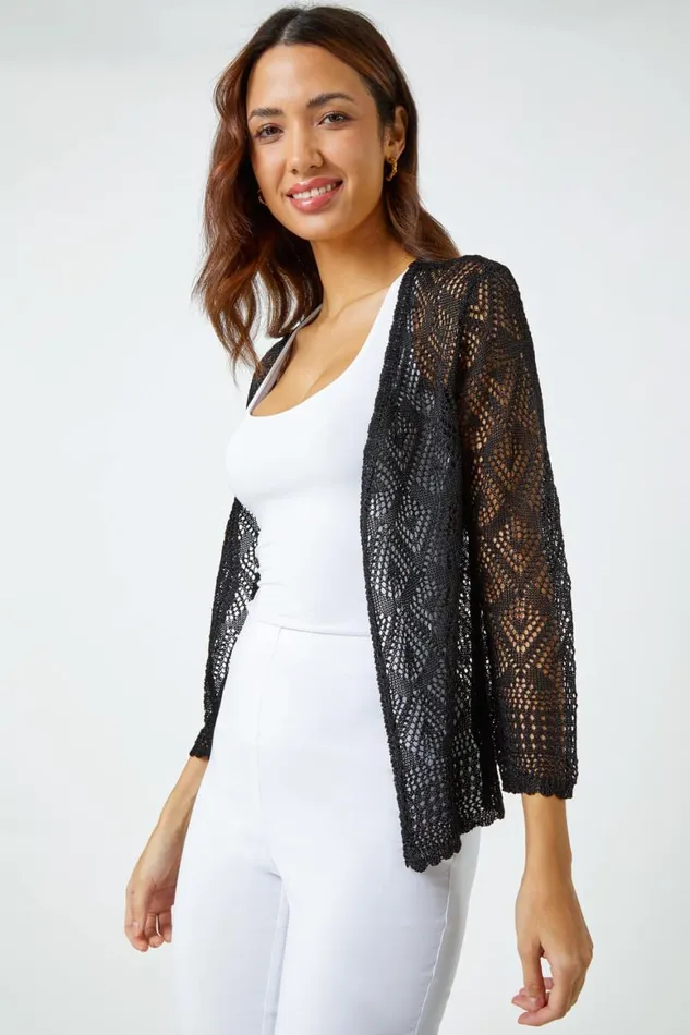 Women Black Knitted Crochet Shimmer Shrug Roman Occasionwear