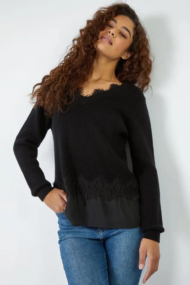 Women Black Lace Trim Chiffon Hem Jumper Roman Knitwear