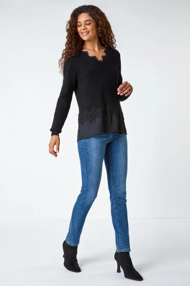 Women Black Lace Trim Chiffon Hem Jumper Roman Knitwear