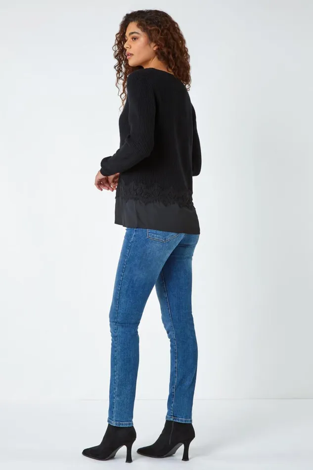 Women Black Lace Trim Chiffon Hem Jumper Roman Knitwear