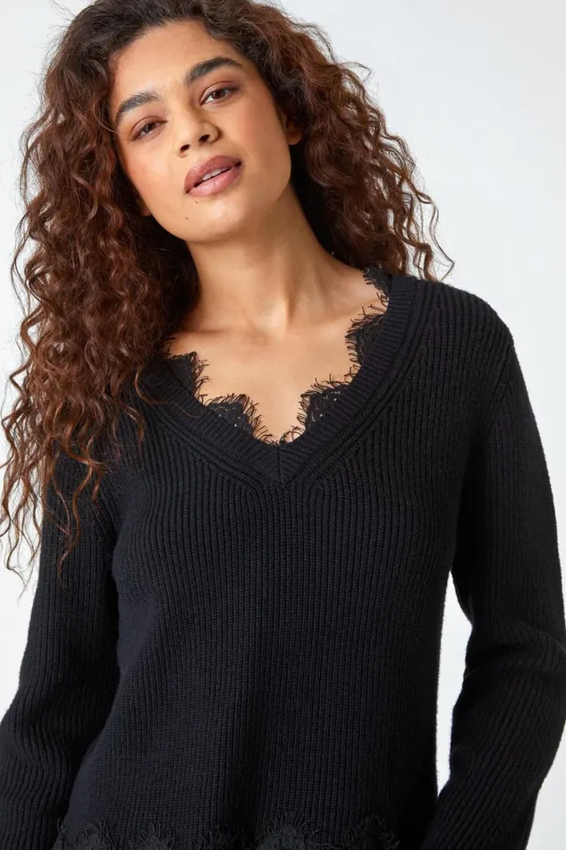 Women Black Lace Trim Chiffon Hem Jumper Roman Knitwear