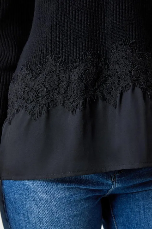 Women Black Lace Trim Chiffon Hem Jumper Roman Knitwear