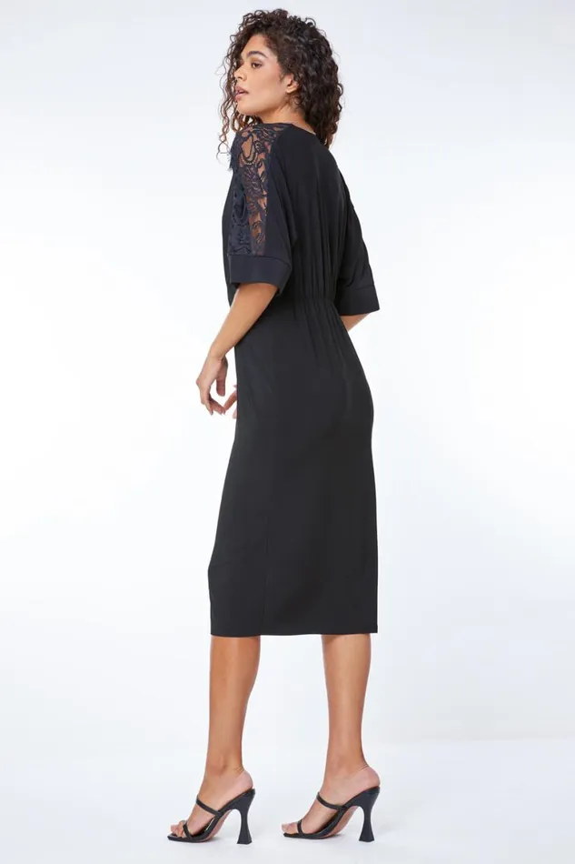Women Black Lace Trim Wrap Midi Dress Roman Dresses