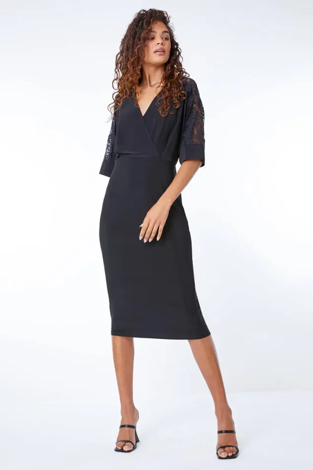 Women Black Lace Trim Wrap Midi Dress Roman Dresses