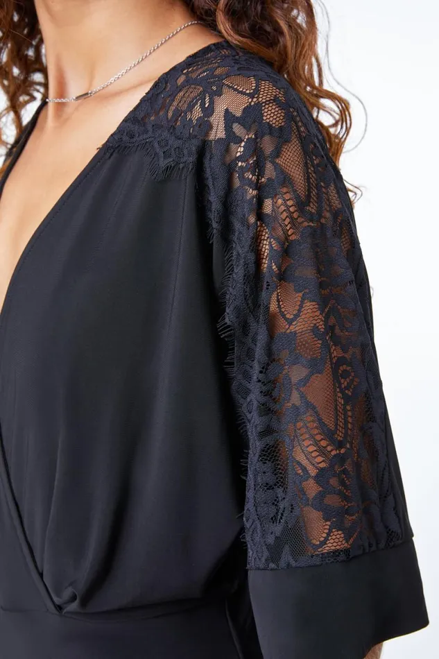Women Black Lace Trim Wrap Midi Dress Roman Dresses