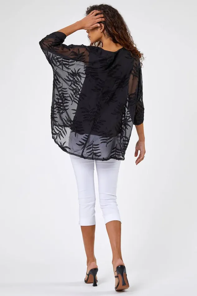 Women Black Leaf Burnout Print Chiffon Overlay Top Roman Tops