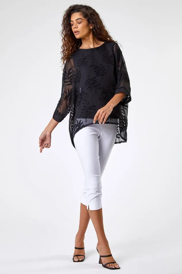 Women Black Leaf Burnout Print Chiffon Overlay Top Roman Tops