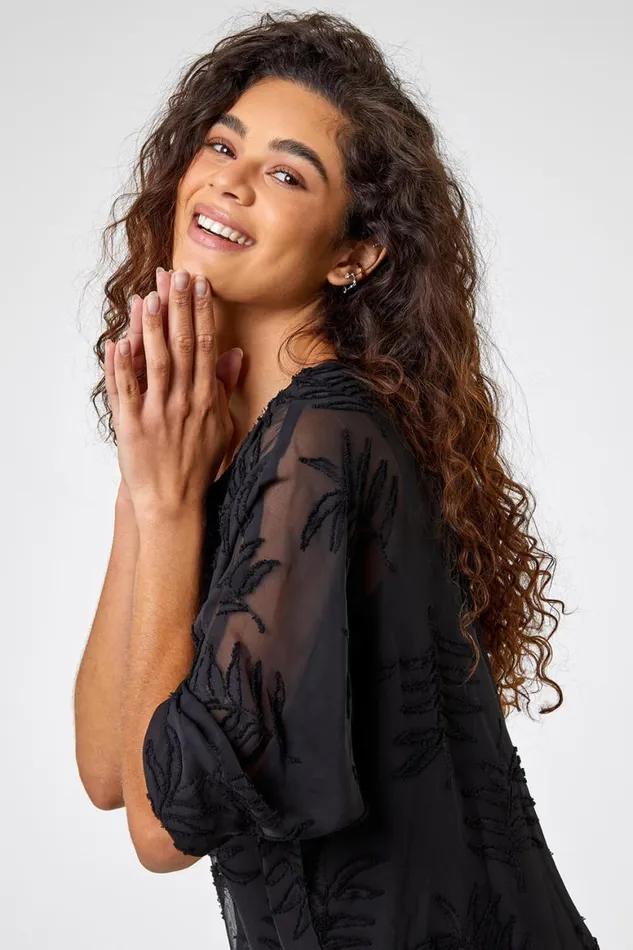 Women Black Leaf Burnout Print Chiffon Overlay Top Roman Tops
