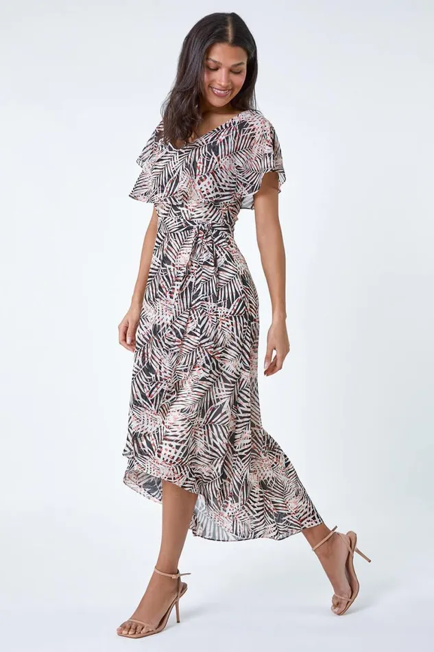 Women Black Leaf Print Chiffon Midi Wrap Dress Roman Dresses