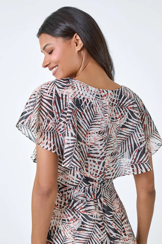 Women Black Leaf Print Chiffon Midi Wrap Dress Roman Dresses