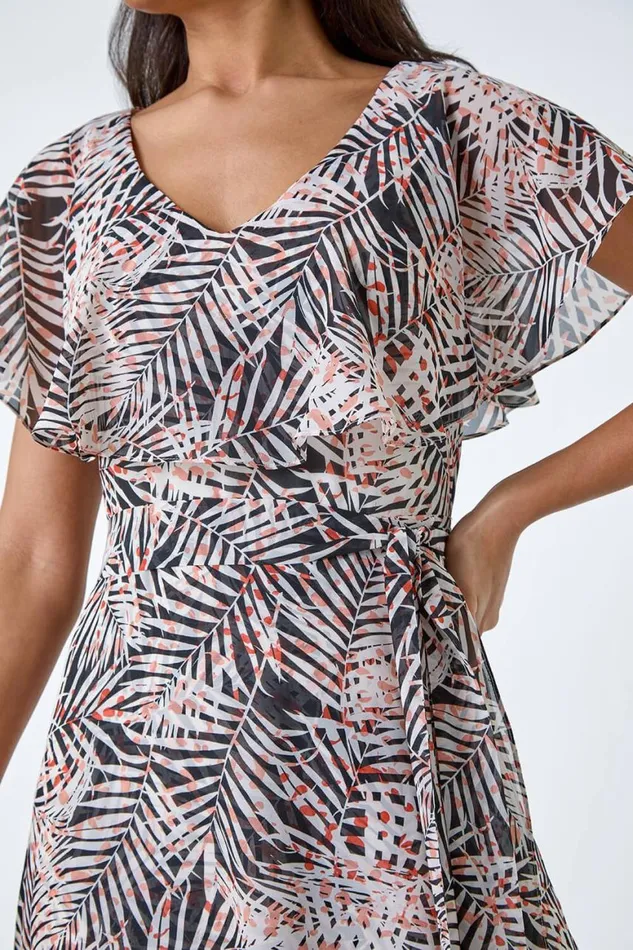 Women Black Leaf Print Chiffon Midi Wrap Dress Roman Dresses