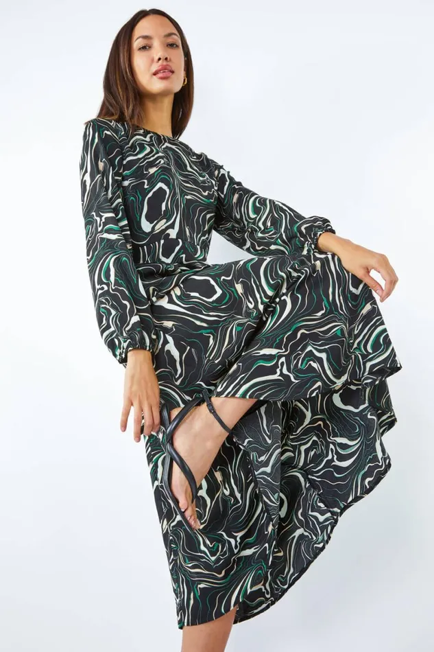 Women Black Marble Print Fit and Flare Dress Roman Dresses