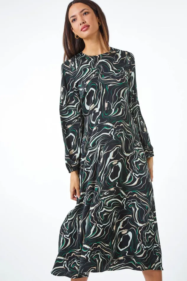 Women Black Marble Print Fit and Flare Dress Roman Dresses