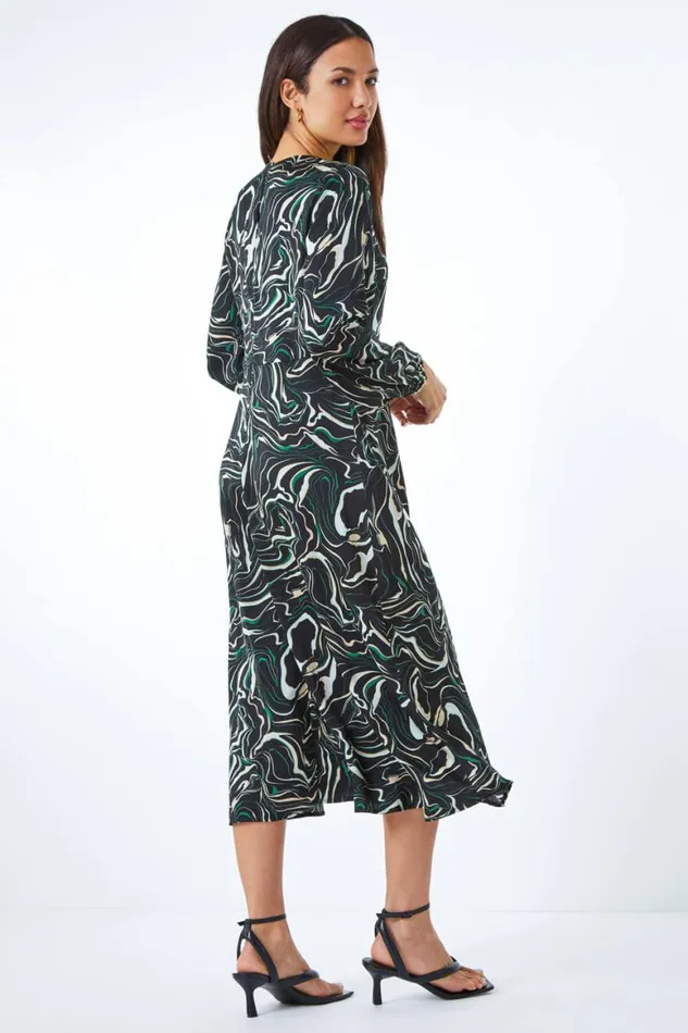 Women Black Marble Print Fit and Flare Dress Roman Dresses