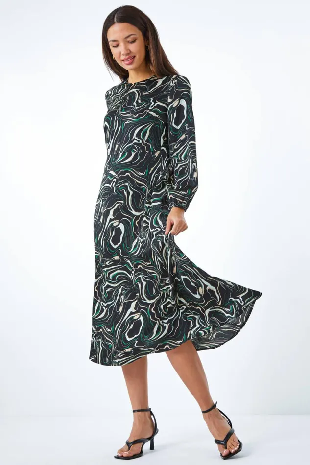 Women Black Marble Print Fit and Flare Dress Roman Dresses