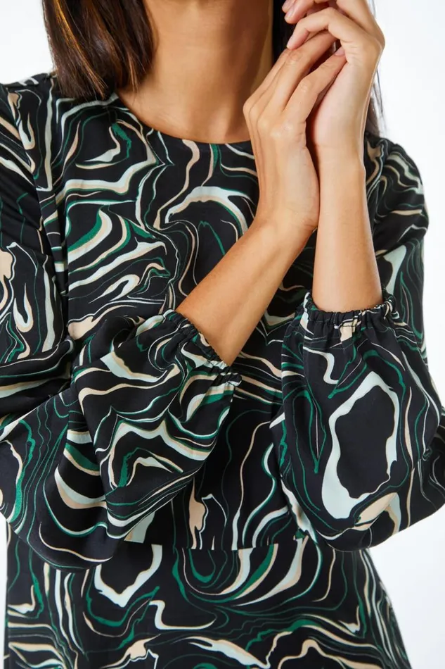 Women Black Marble Print Fit and Flare Dress Roman Dresses