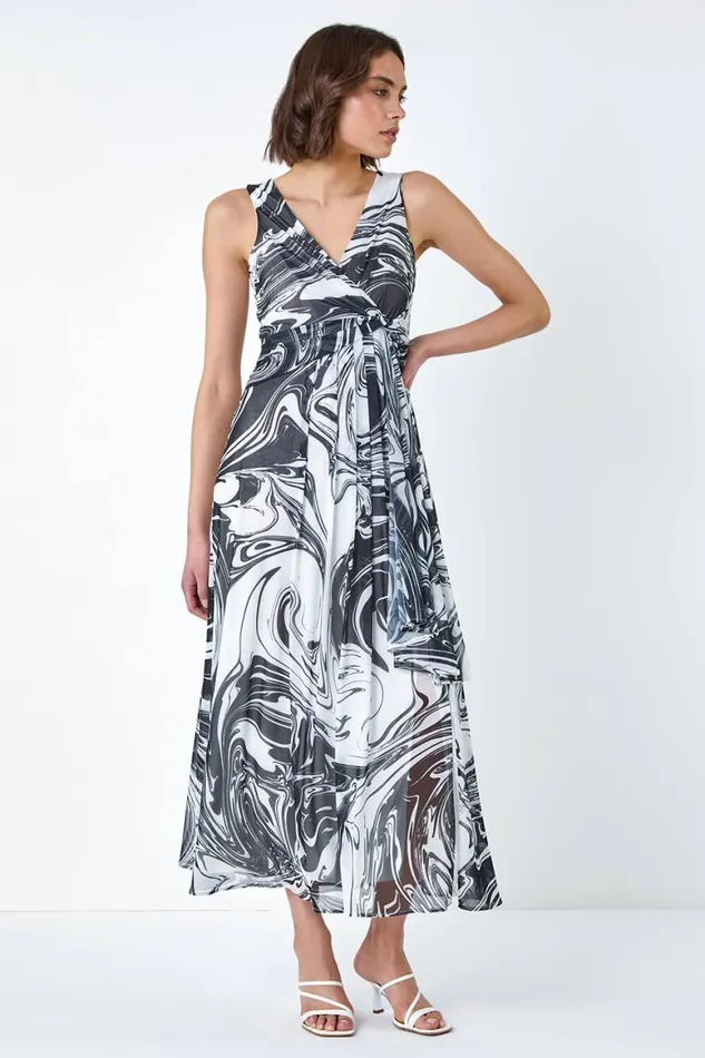 Women Black Marble Print Wrap Mesh Dress Roman Dresses