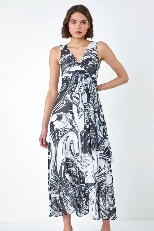 Women Black Marble Print Wrap Mesh Dress Roman Dresses