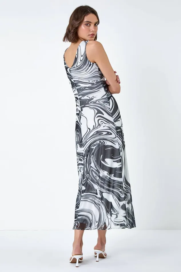 Women Black Marble Print Wrap Mesh Dress Roman Dresses