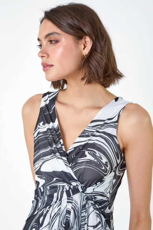 Women Black Marble Print Wrap Mesh Dress Roman Dresses