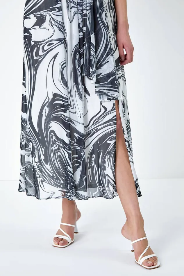 Women Black Marble Print Wrap Mesh Dress Roman Dresses