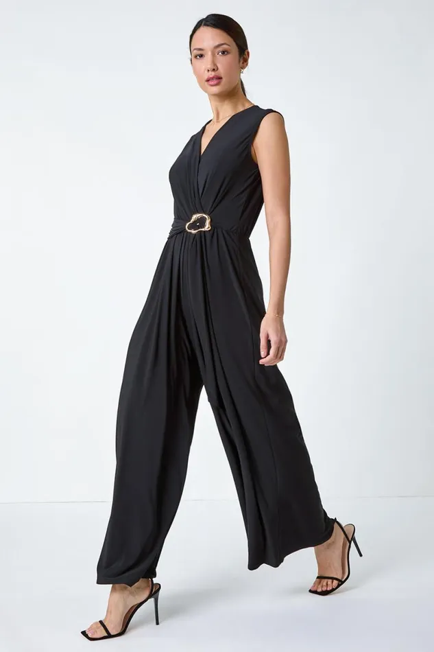 Women Black Metallic Belt Draped Stretch Jumpsuit Roman Dresses